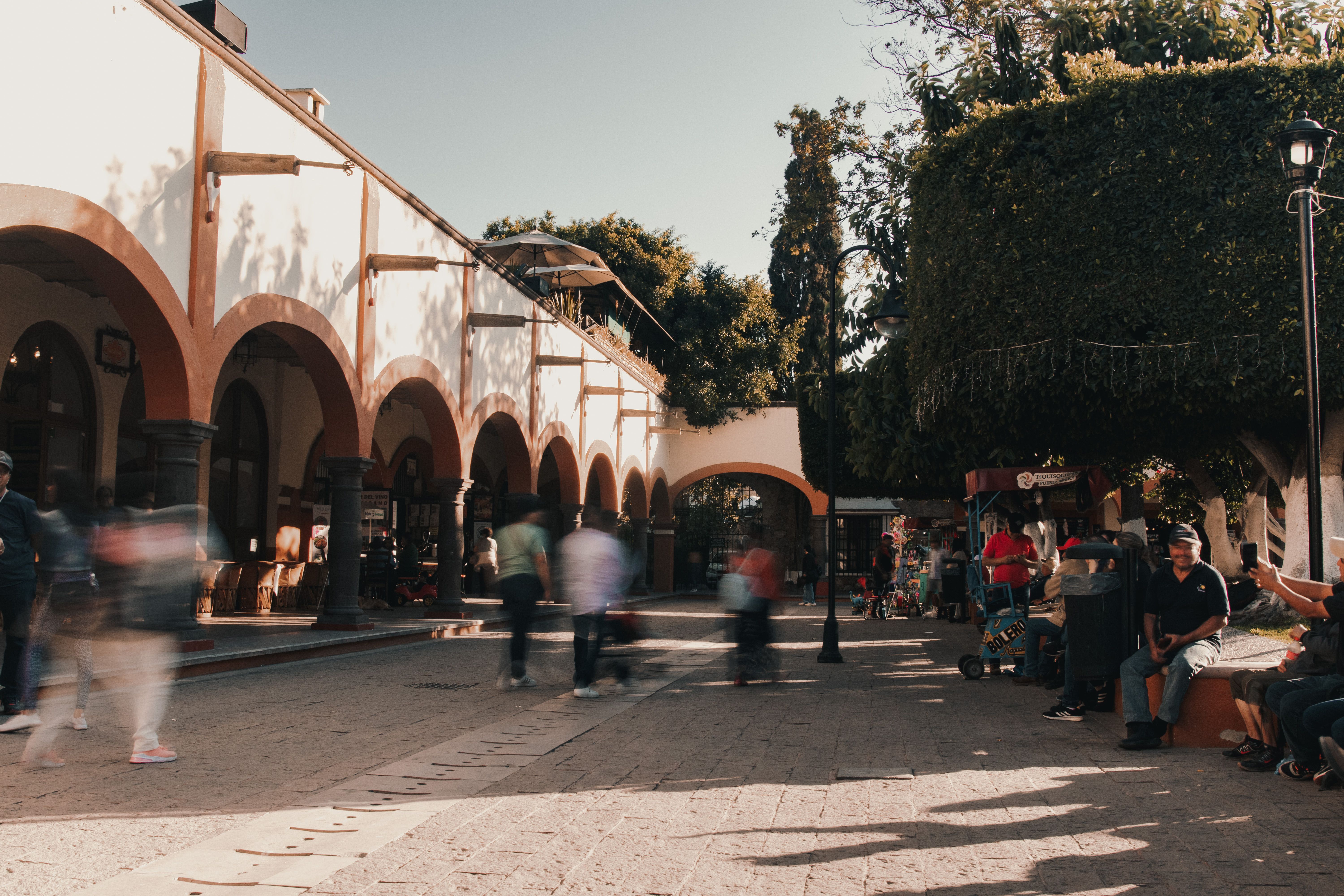 Coyoacán's tree-lined colonial plaza in Mexico City on a Sunday morning with outdoor market stalls, families, and colorful colonial architecture in the background
