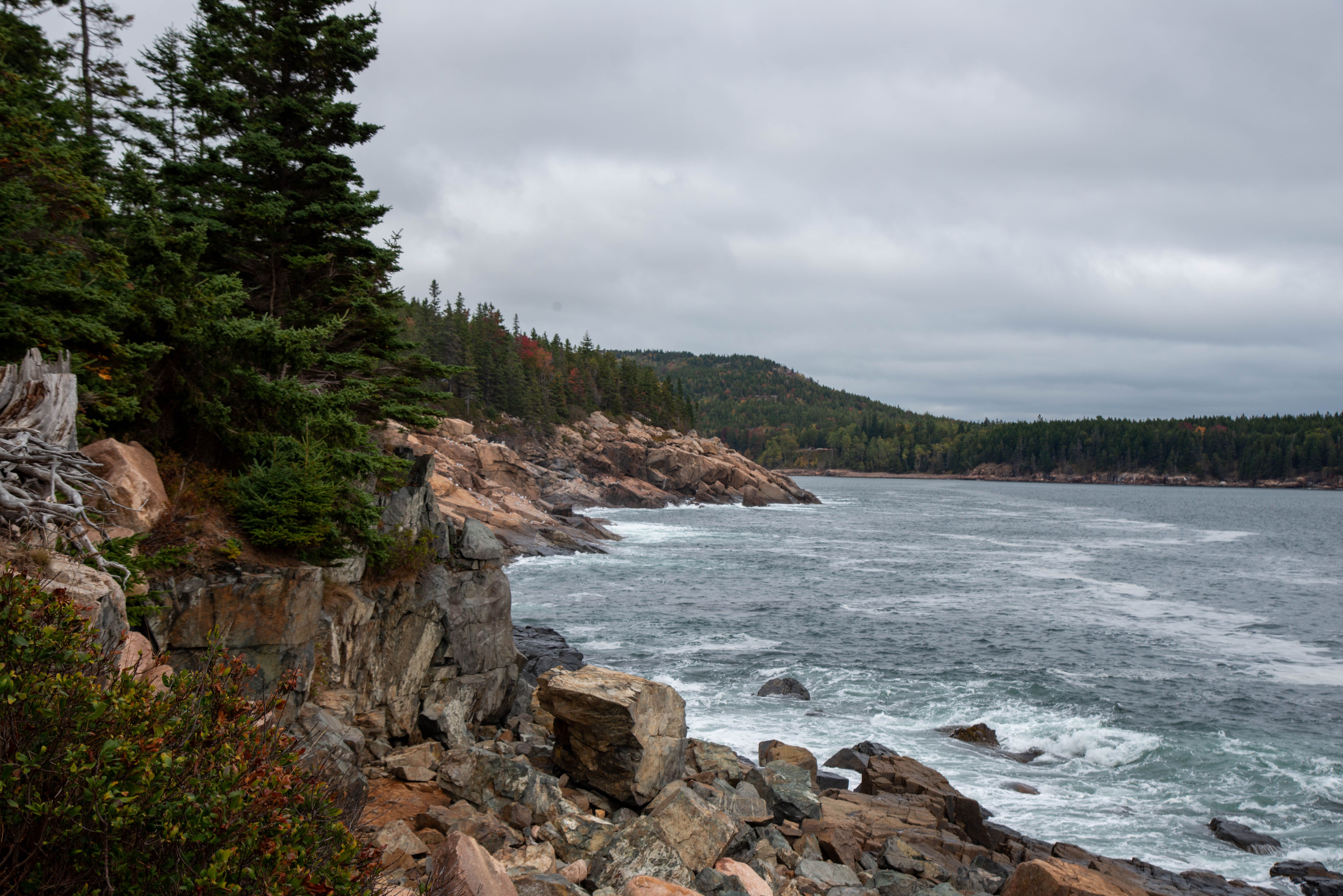 Atlantic waves crashing over pink granite ledges at Schoodic Peninsula, the quieter eastern unit of Acadia National Park in Maine