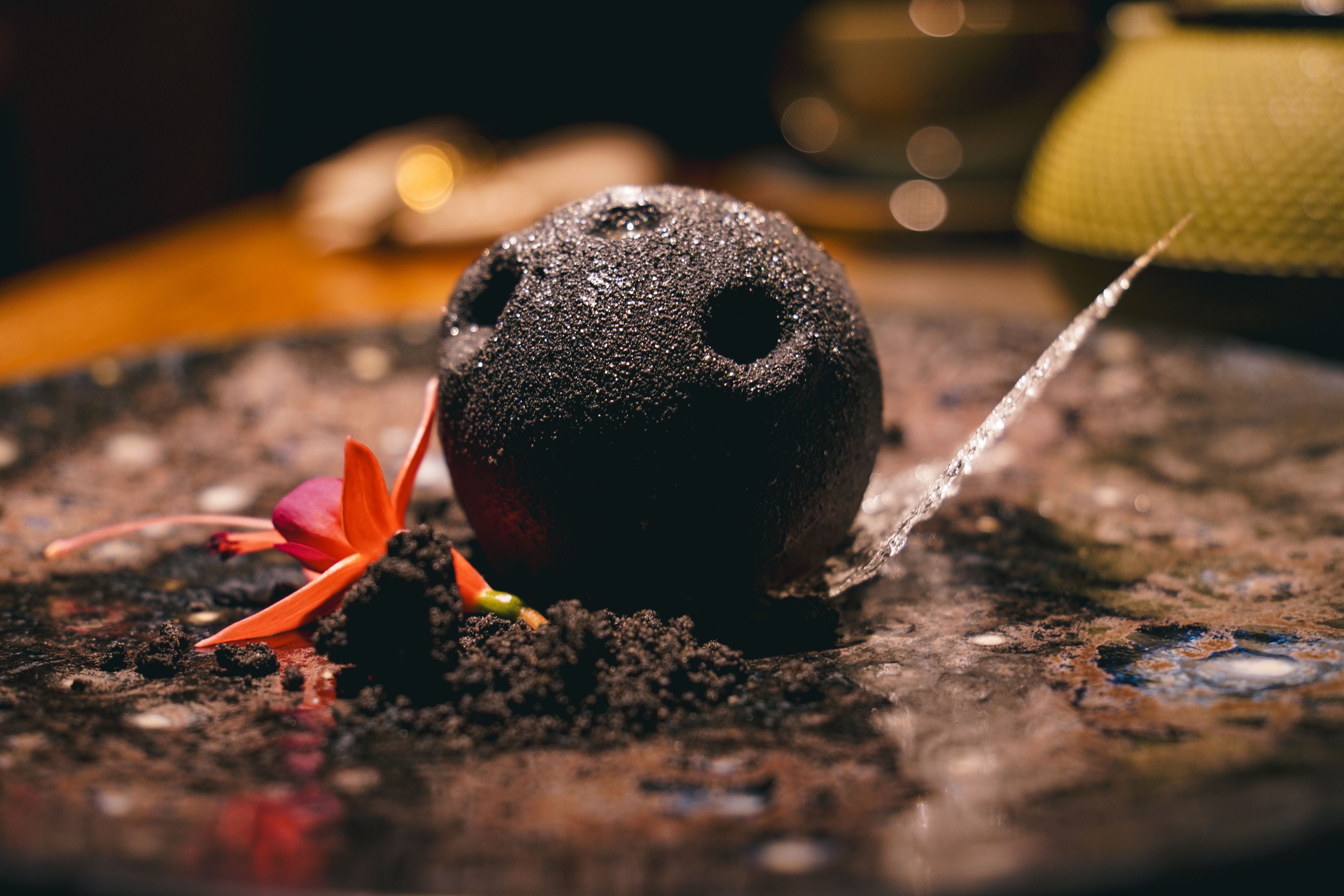 Pujol restaurant's iconic mole madre dish served in a circular presentation on a dark ceramic plate at the Mexico City fine dining restaurant