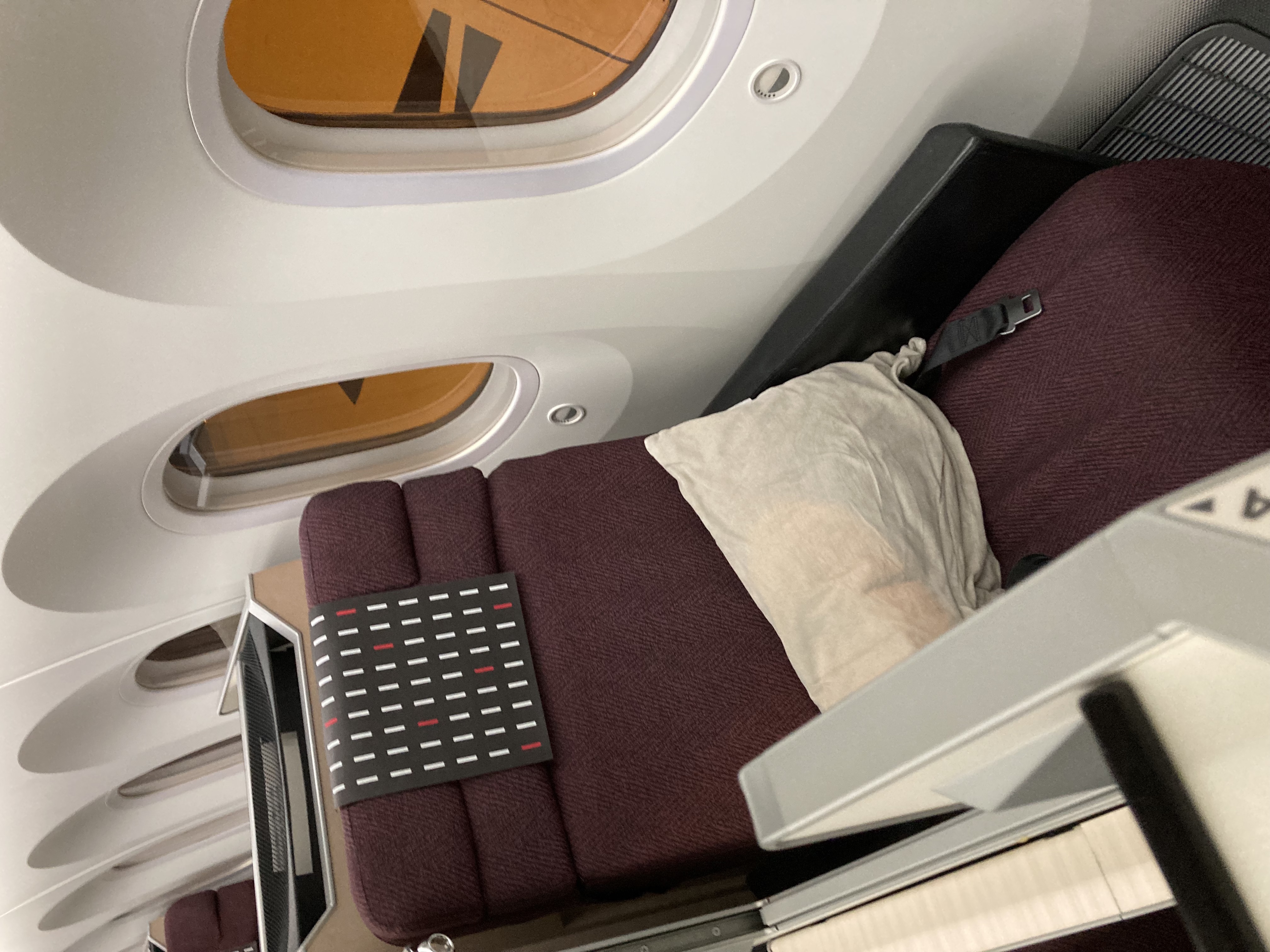 JAL Sky Suite business class seat on a Boeing 787-9, showing the lie-flat configuration with privacy shell and personal storage